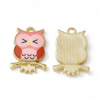 Painted Alloy Pendants, Owl Charm, Cadmium Free & Nickel Free & Lead Free, Golden, Tomato, 21.5x15x2.3mm, Hole: 2mm