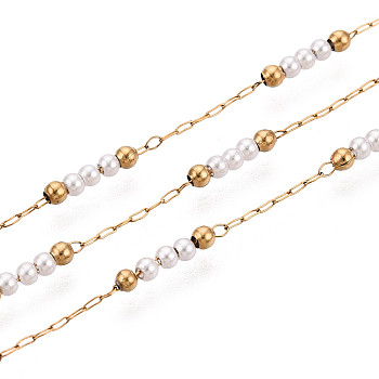 Handmade 304 Stainless Steel Cable Chains, Round, with ABS Imitation Pearl, Real 18K Gold Plated, Soldered, with Spool, Creamy White, 2mm