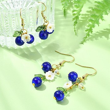 304 Stainless Steel Glass Blueberry Dangle Earrings, Golden, Blue, 32~47x11~16.5mm, 2pairs/set