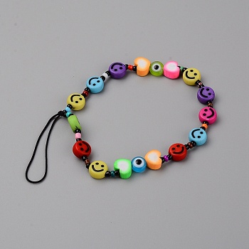 Acrylic Smile Face Beaded Mobile Straps, with Polymer Clay Beads, Mixed Color, 16.5cm