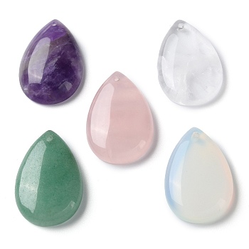 Natural & Synthetic Mixed Gemstone Pendants, Teardrop Charms, 30.5x20x6mm, Hole: 1mm