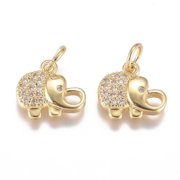 Brass Micro Pave Cubic Zirconia Pendants, with Jump Ring, Long-Lasting Plated, Elephant, Golden, 10x11x2mm, Hole: 3.8mm