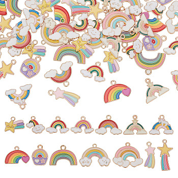 56pcs 14 styles Alloy Enamel Pendants, Light Gold, Rainbow, Mixed Color, 14~23.5x9~32x1~2mm, Hole: 1.4~2mm, 4pcs/style