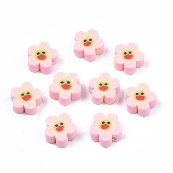 Handmade Polymer Clay Beads, Flower with Smiling Face, Pink, 9~10x4mm, Hole: 1.5mm