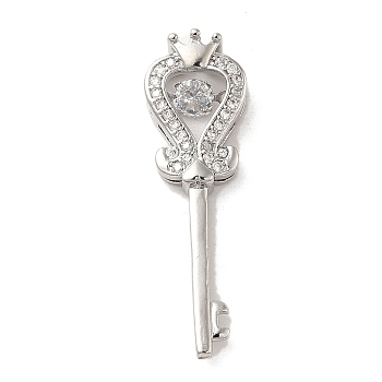 Brass Cubic Zirconia Pendents, Long-Lasting Plated, Key with Crown, Platinum, 33x10x4.5mm, Hole: 2x2mm