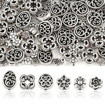 180Pcs 6 Styles Alloy Beads, Mixed Shapes, Cadmium Free & Lead Free, Antique Silver, 4.5~12.5x4.5~9.5x3~5.2mm, Hole: 1~1.5mm, 30pcs/style