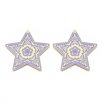 Brass Enamel Big Pendants, Etched Metal Embellishments, Matte Gold Color, Star with Flower, Lilac, 50x50x0.3mm, Hole: 1.6mm