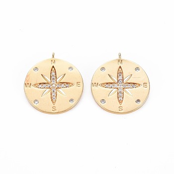 Brass Micro Pave Clear Cubic Zirconia Pendants, Nickel Free, Flat Round with Compass, Real 18K Gold Plated, 20x17.5x1mm, Hole: 1.4mm
