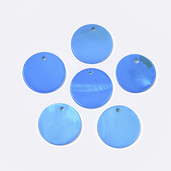 Spray Painted Freshwater Shell Pendants, Flat Round, Dodger Blue, 20x2mm, Hole: 1.5mm