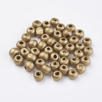 Spray Painted Natural Wood Beads, Round, Golden Plated, 6x5mm, Hole: 2mm