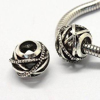 Alloy European Beads, Tibetan Style, Large Hole Beads, Barrel, Hollow, Antique Silver, 12x10mm, Hole: 5mm
