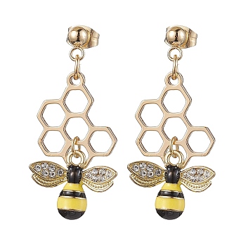 Brass and Alloy Bees & Honeycomb Stud Earrings, 304 Stainless Steel Dangle Earrings for Women, Golden, 36x18.5mm