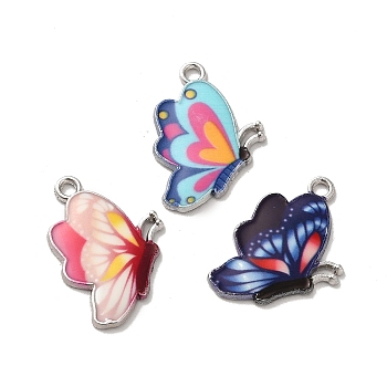 Alloy Enamel Pendants, Platinum, Butterfly Charm, Mixed Color, 24x16.5x2mm, Hole: 2mm