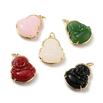 Natural Dyed Jade Pendants, with Rack Plating Real 18K Gold Plated Brass Findings and Jump Ring, Laughing Buddha, Cadmium Free & Nickel Free & Lead Free, Mixed Color, 24x19x7.5mm, Jump Ring: 5x0.7mm, Hole: 3.4mm