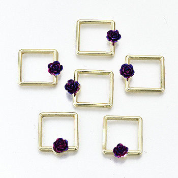 Rack Plating Open Back Bezel, For DIY UV Resin, Epoxy Resin, Pressed Flower Jewelry, with Resin, Cadmium Free & Nickel Free & Lead Free, Square with Purple 3D Flower, Light Gold, 17x19x5mm