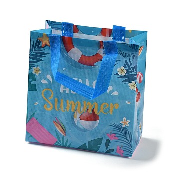 Summer Theme Printed Non-Woven Reusable Folding Gift Bags with Handle, Portable Waterproof Shopping Bag for Gift Wrapping, Rectangle, Deep Sky Blue, 11x21.5x23cm, Fold: 28x21.5x0.1cm