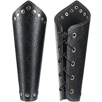 Adjustable Imitation Leather Cord Bracelet, 430 Stainless Steel Rivet Studded Gauntlet Wristband, Cuff Wrist Guard for Men, Black, 8-5/8 inch(21.8cm)