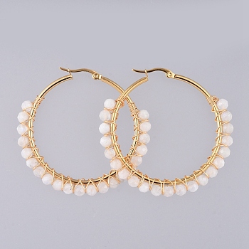 Beaded Hoop Earrings, with Natural Rainbow Moonstone Beads, Golden Plated 304 Stainless Steel Hoop Earrings and Cardboard Packing Box, 50mm, Pin: 0.6x1mm