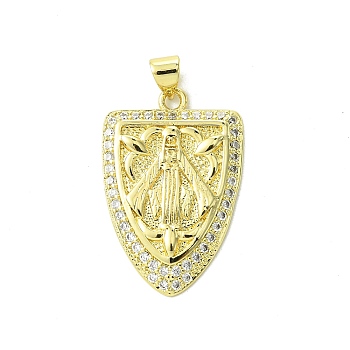 Real 18K Gold Plated Brass Micro Pave Cubic Zirconia Pendants, Shield with Virgin, Clear, 29x19x3mm, Hole: 3.5x4.5mm