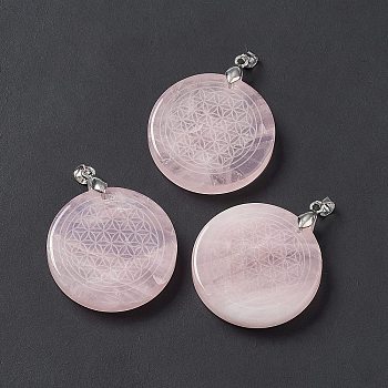 Natural Rose Quartz Pendants, Flat Round Charms with Round Pattern, with Rack Plating Platinum Tone Brass Findings, Cadmium Free & Lead Free, 30x4~8mm, Hole: 4x4mm