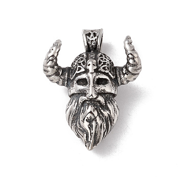 304 Stainless Steel Manual Polishing Pendants, Man with Tauren Mask Charms, Antique Silver, 43x32x16mm, Hole: 7x8.5mm