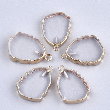 Electroplate Natural Quartz Crystal Pendants, with Iron Findings, Golden, 28~29x19~20x5~6mm, Hole: 1.6mm