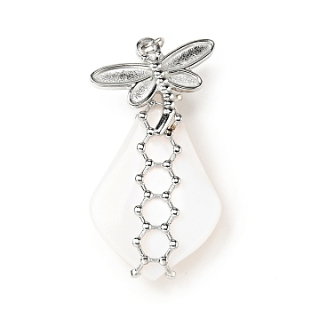 Natural White Shell Pendants, Teardrop Charm, with Stainless Steel Color Plated 304 Stainless Steel Dragonfly Findings and Jump Ring, 35~40x18~20x8~10mm,, Jump Ring: 4x0.7mm, Inner Diameter: 2.7mm