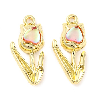 Rack Plating Alloy Pendants, with Glass, Cadmium Free & Nickel Free & Lead Free, Flower, Pink, 27x13x6mm, Hole: 1.8mm
