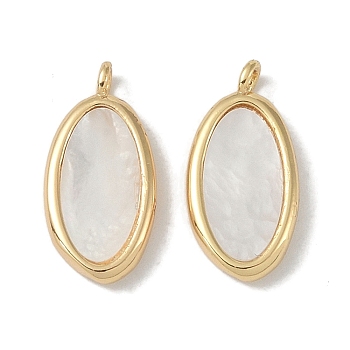 Natural White Shell Pendants, Brass Oval Charms, Real 18K Gold Plated, 15.5x7.5x2.5mm, Hole: 1.4mm