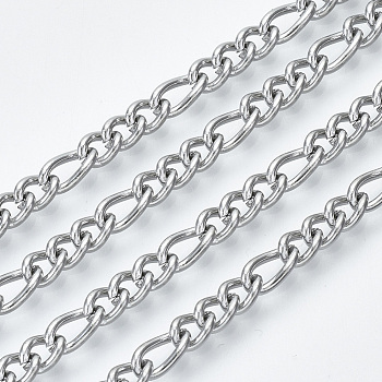 304 Stainless Steel Curb Chains, Figaro Chains, with Spool, Unwelded, Stainless Steel Color, link: 7x3.5x0.9mm and 5x3.5x0.9mm, about 82.02 Feet(25m)/roll