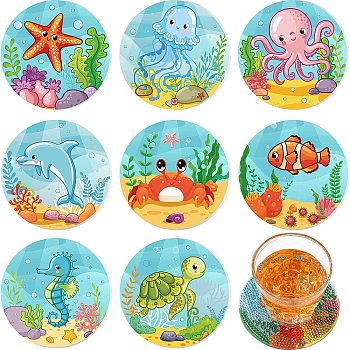 DIY Marine Animal Theme Diamond Painting Round Wood Cup Mat Kits, Including Coster Holder, Resin Rhinestones, Diamond Sticky Pen, Tray Plate and Glue Clay, Mixed Color, Packaging: 130x126x80mm