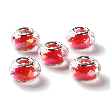 Shell Filling Brass Cores Acrylic European Beads, Rondelle, Large Hole Bead, Faceted, Silver, Red, 15x8mm, Hole: 5mm