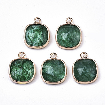 Glass Charms, with Light Gold Tone Brass Findings, Square, Faceted, Sea Green, 14x11x5mm, Hole: 1.6mm