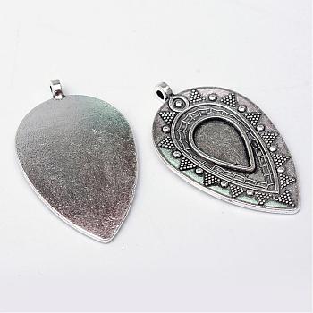 Tibetan Style Alloy Pendant Cabochon Settings, teardrop, Lead Free & Cadmium Free, Antique Silver, Tray: 8x12mm, 35x20.9x1.7mm, Hole: 2mm, about 145pcs/500g