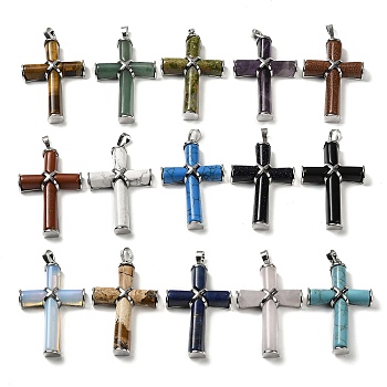Natural & Synthetic Mixed Gemstone Big Pendants, Cross Charms with Rack Plating Platinum Tone Brass Findings, Mixed Dyed and Undyed, 50x32x9.5mm, Hole: 8x5mm