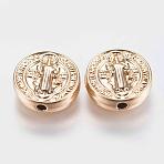 Brass Beads, Long-Lasting Plated, Flat Round with Santa Virgen, Golden, 10x3mm, Hole: 1mm(KK-G338-06G)