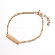 304 Stainless Steel ID Bracelets, Rectangle, with Box Chains and Lobster Clasps, Golden, 7-1/4 inch(185mm), 2mm(BJEW-K136-01G)