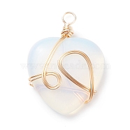 Opalite Pendants, with Golden Tone Copper Wire Wrapped, Heart, 40.5x30x8.5mm, Hole: 4.2mm(PALLOY-JF01490-01)