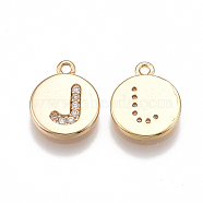 Brass Cubic Zirconia Charms, Flat Round with Letter, Nickel Free, Real 18K Gold Plated, Clear, Letter.J, 12x10x2mm, Hole: 1mm(KK-T038-194G-J)