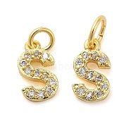 Brass Micro Pave Cubic Zirconia Pendants, with Jump Ring, Letter S, 8~9x4.5~9.5x1.5mm, Hole: 3.6mm(KK-M273-02G-S)