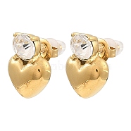 Glass Heart Stud Earrings, Real 18K Gold Plated 304 Stainless Steel Earrings, Clear, 16x16mm(EJEW-G358-03G-05)