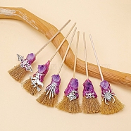 6Pcs Halloween Rough Raw Natural Amethyst Witch Altar Broom, Mini Wicca Broomstick, for Magic Ceremonial, Medium Violet Red, 150mm(PW-WG01DCA-01)