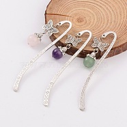Antique Silver Plated Alloy Butterfly Bookmarks, with Natural Gemstone Beads, 84x17mm(AJEW-JK00102)