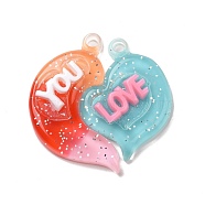 Gradient Color Translucent Resin Pendants, with Glitter Powder, Couple Heart Charm with Word LOVE YOU, Orange Red, 39x38.5x5.5mm, Hole: 3.5mm, 2pcs/set(RESI-G048-01A)