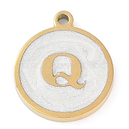 Ion Plating(IP) 201 Stainless Steel Pendants, with White Enamel, Real 18K Gold Plated, Flat Round with Letter, Letter Q, 18.5x15.5x2mm, Hole: 1.6mm(STAS-K288-02G-Q)