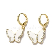Butterfly Real 18K Gold Plated Brass Dangle Leverback Earrings, with Cubic Zirconia and Enamel, WhiteSmoke, 30x17.5mm(EJEW-L268-035G-01)