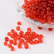 6/0 Glass Seed Beads, Transparent, Round, Red, 4mm, hole: 1.5mm, about 496pcs/50g(X-SEED-A004-4mm-5)