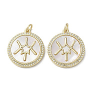 Brass Micro Pave Cubic Zirconia Pendants, with Shell, Flat Round, Real 18K Gold Plated, Star, 22x19.5x2.5mm, Hole: 3mm(KK-G485-17F-G)