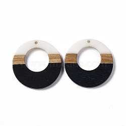 Opaque Resin & Walnut Wood Pendants, Ring Charms, Black, 38x3.5mm, Hole: 2mm(RESI-M027-03I)