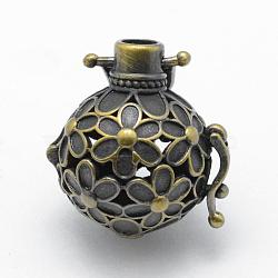 Brass Rack Plating Cage Pendants, For Chime Ball Pendant Necklaces Making, Lead Free & Cadmium Free, Round with Flower, Brushed Antique Bronze, 31x23.5x19mm, Hole: 5.5x5.5mm, Inner: 16mm, Fit For 14mm Rhinestone(KK-F722-33AB-RS)